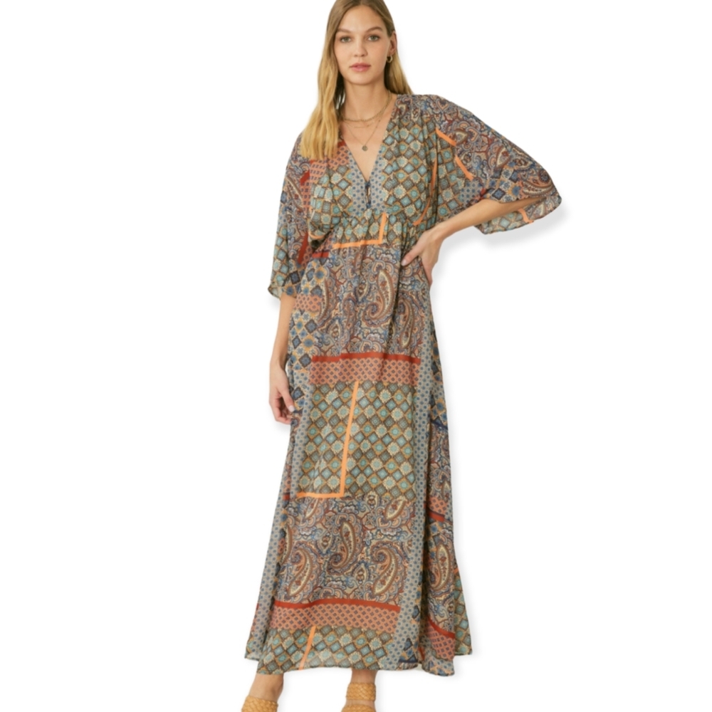 NWT Entro Boho Print V-neck Maxi Dress Multi Color Size S